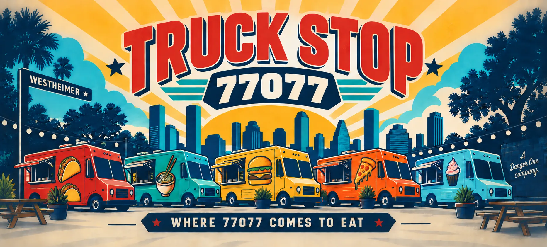 Truck Stop 77077 — Where 77077 Comes to Eat. Illustrated banner of five food trucks lined up beneath the Houston skyline.