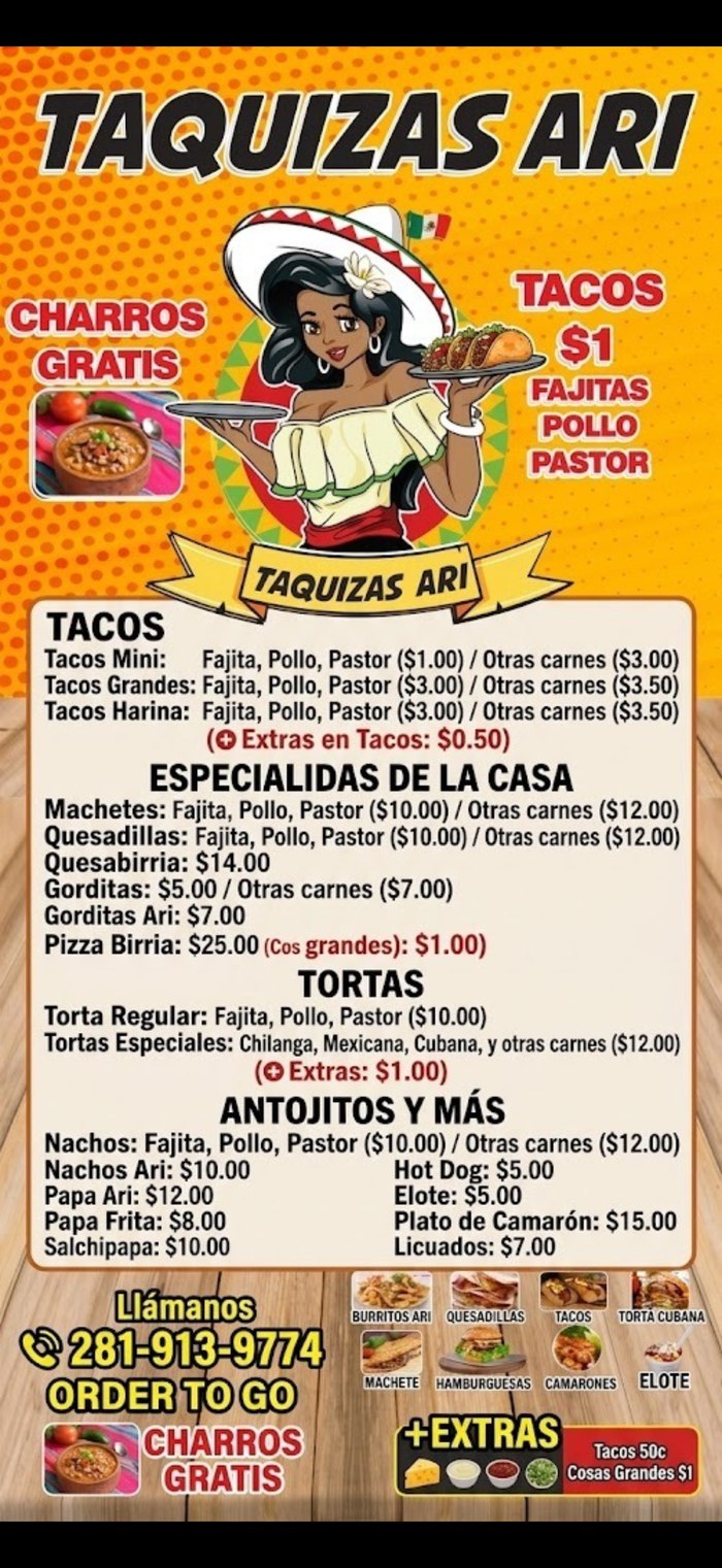 Taquizas Ari's official menu. All items are also available as searchable text on this page.