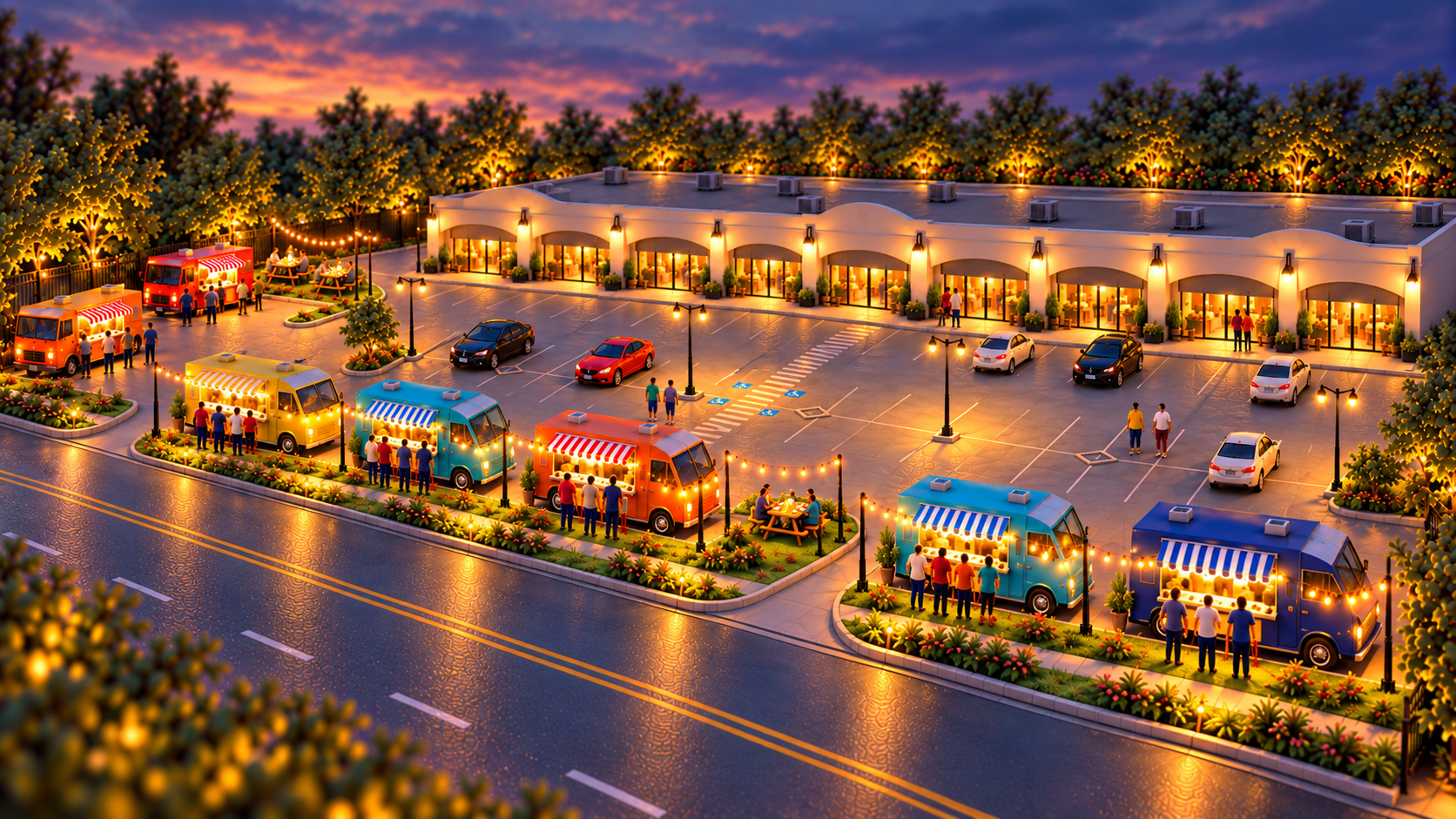 Truck Stop 77077 at sunset. La Familia Salvimex is highlighted in yellow, the truck just to the right of Avila, partly behind trees at the left edge of the row.