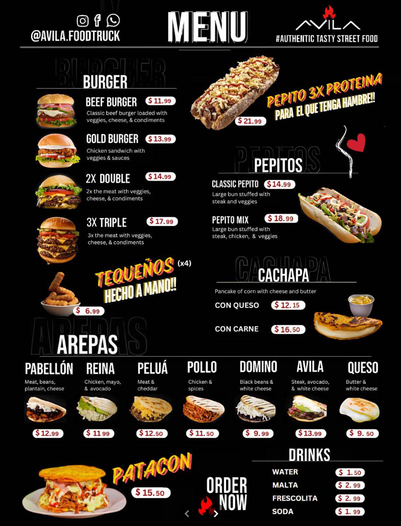Avila's original menu poster. All items and prices are also available as searchable text on this page.