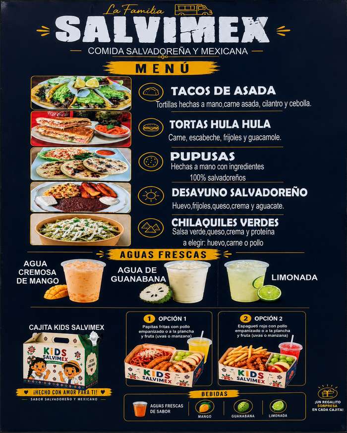 La Familia Salvimex's official menu. All items are also available as searchable text on this page.