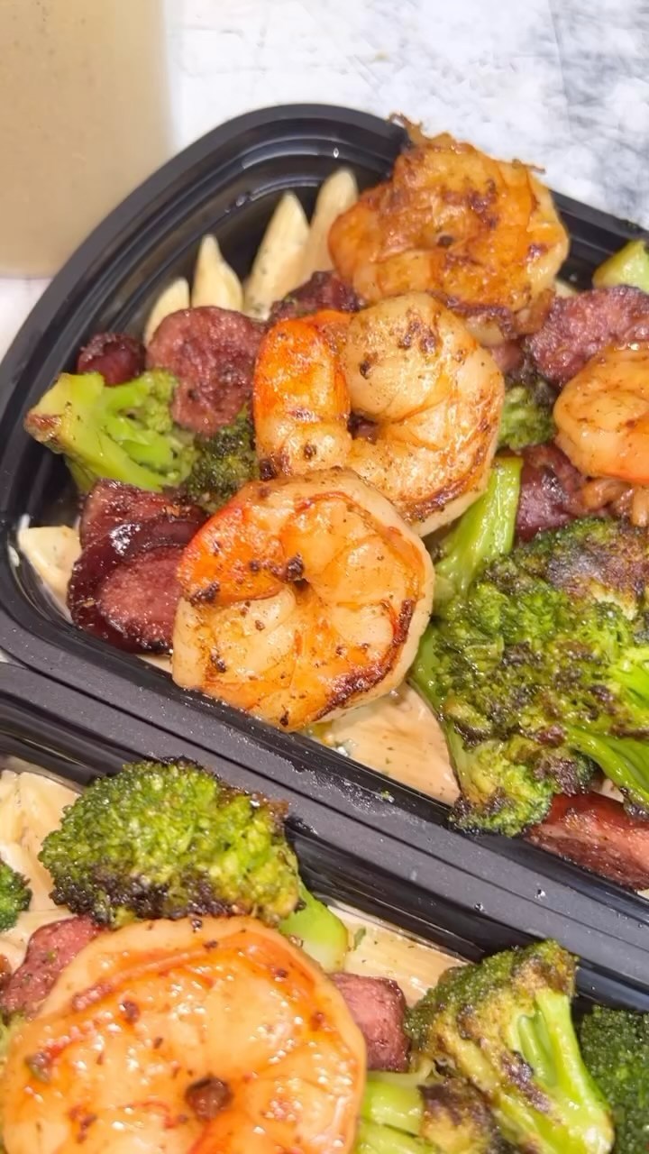 Shrimp, broccoli and sausage over penne pasta