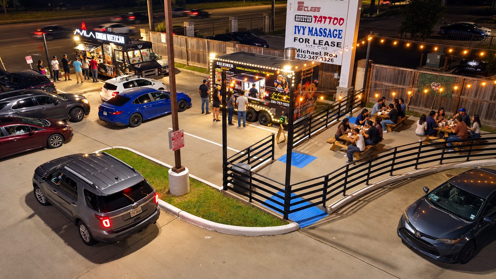 Diners at the string-lit picnic tables at Truck Stop 77077