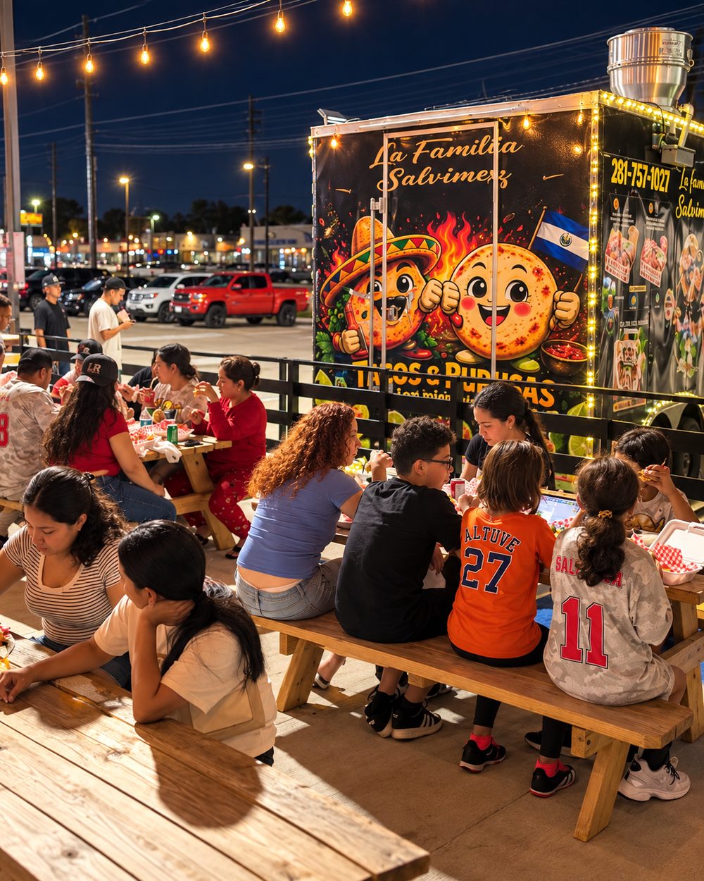Families eating at the picnic tables in front of La Familia Salvimex at Truck Stop 77077