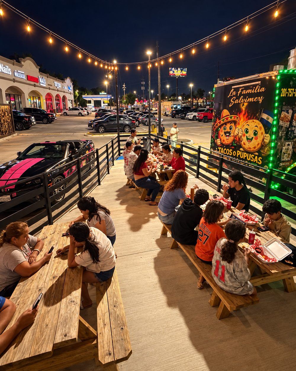 Diners at the string-lit picnic tables along Westheimer Rd at Truck Stop 77077